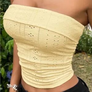 SHEIN Light Yellow Strapless Eyelet Crop Top